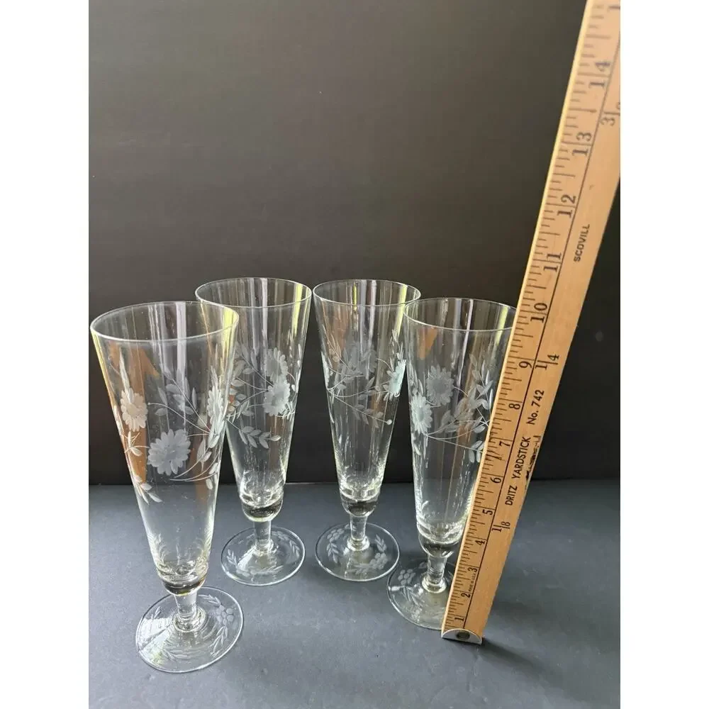 Vintage Etched Crystal Pilsner Glasses Champagne Barware Set (4)Flower Design